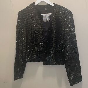Vintage black sequin cropped long sleeve blazer jacket button down size 6 NWT